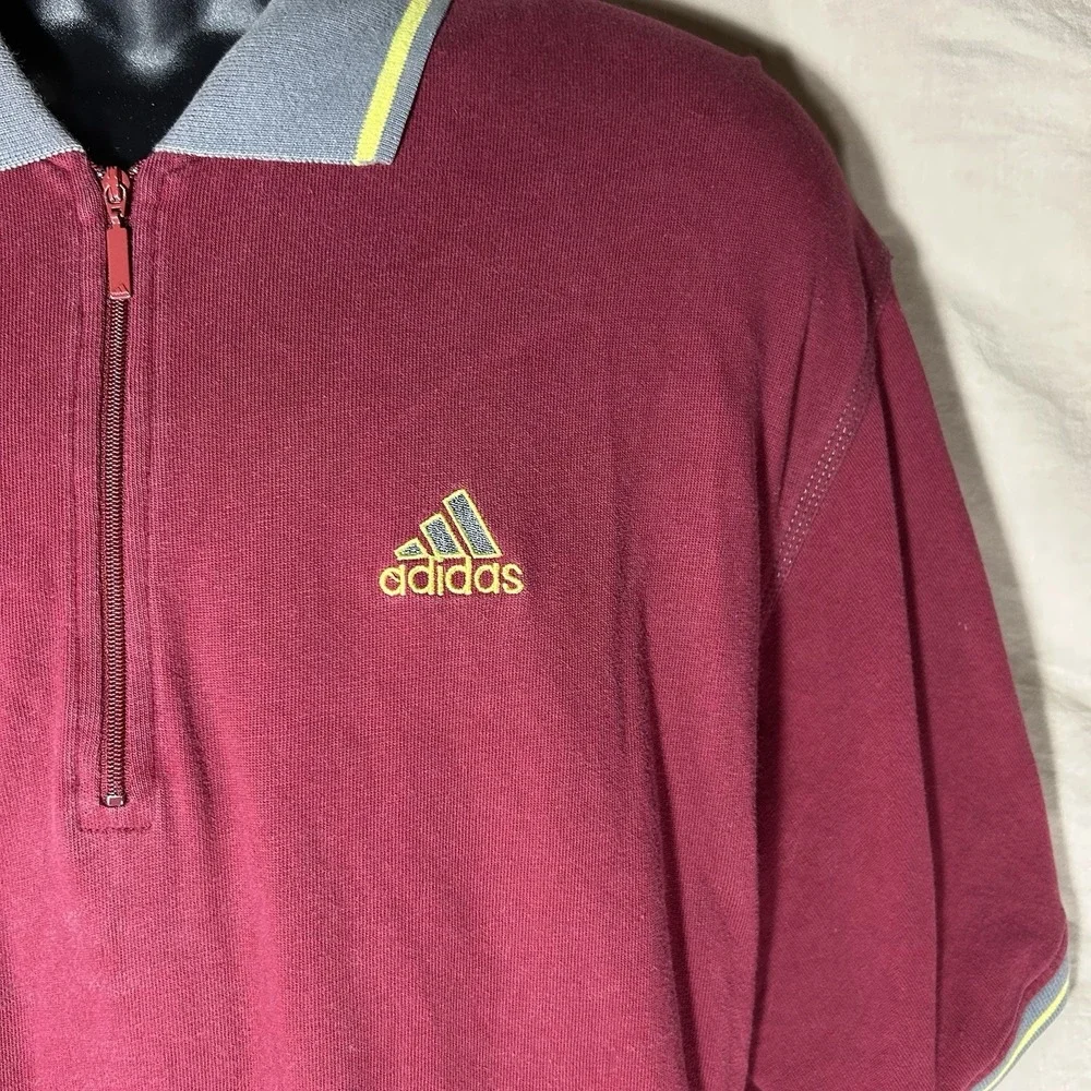 Vintage adidas Mens XL Burgundy Quarter Zip Polo Shirt Cotton Golf Casual‎
